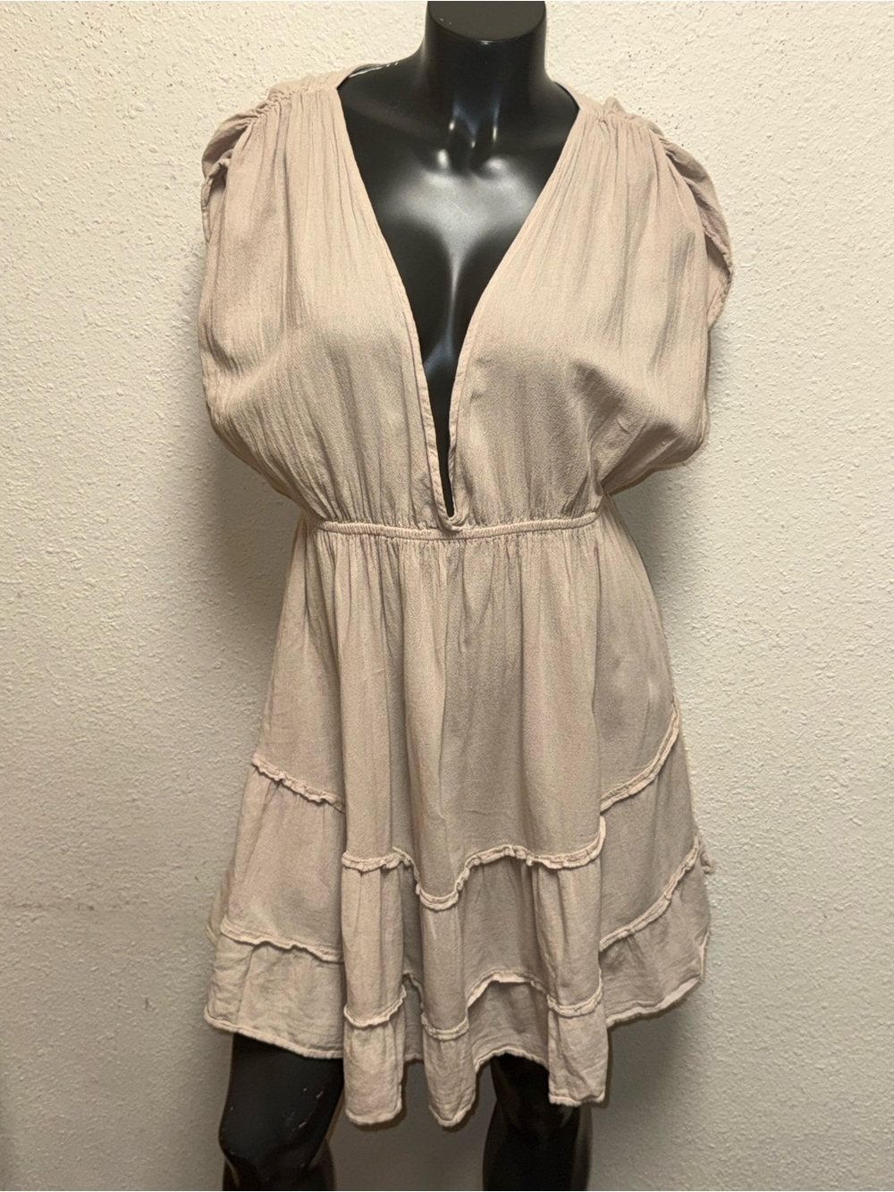Beige Tiered V-Neck Mini Dress